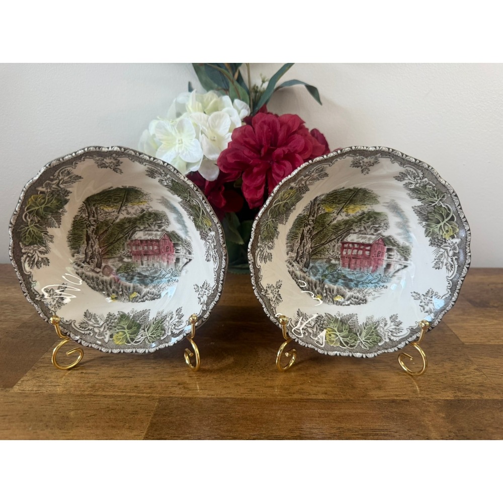Vintage Johnson Brothers Friendly‎ Village Old Mill Berry Dessert Bowls Pair